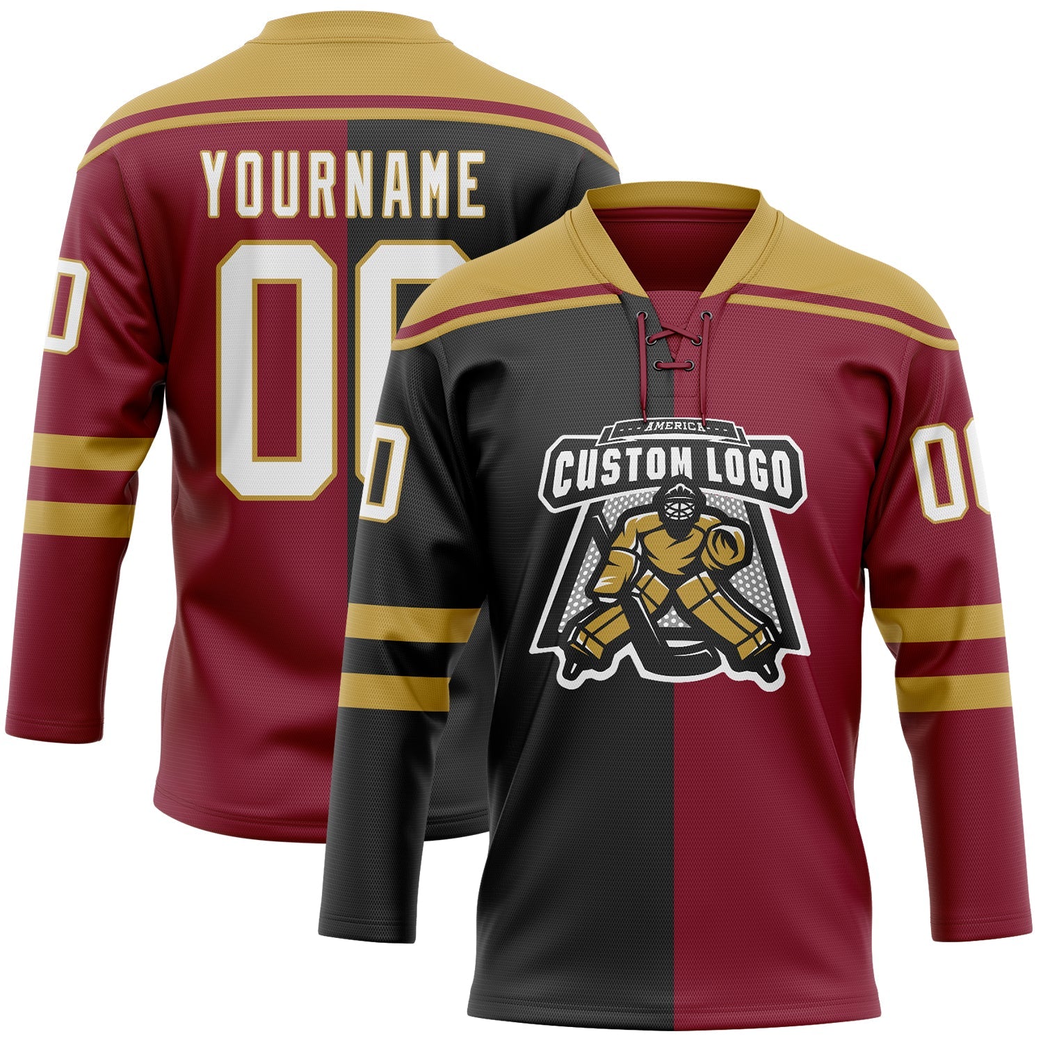 Custom Crimson White Black-Old Gold Split Fashion Hockey Lace Neck Jersey view 2