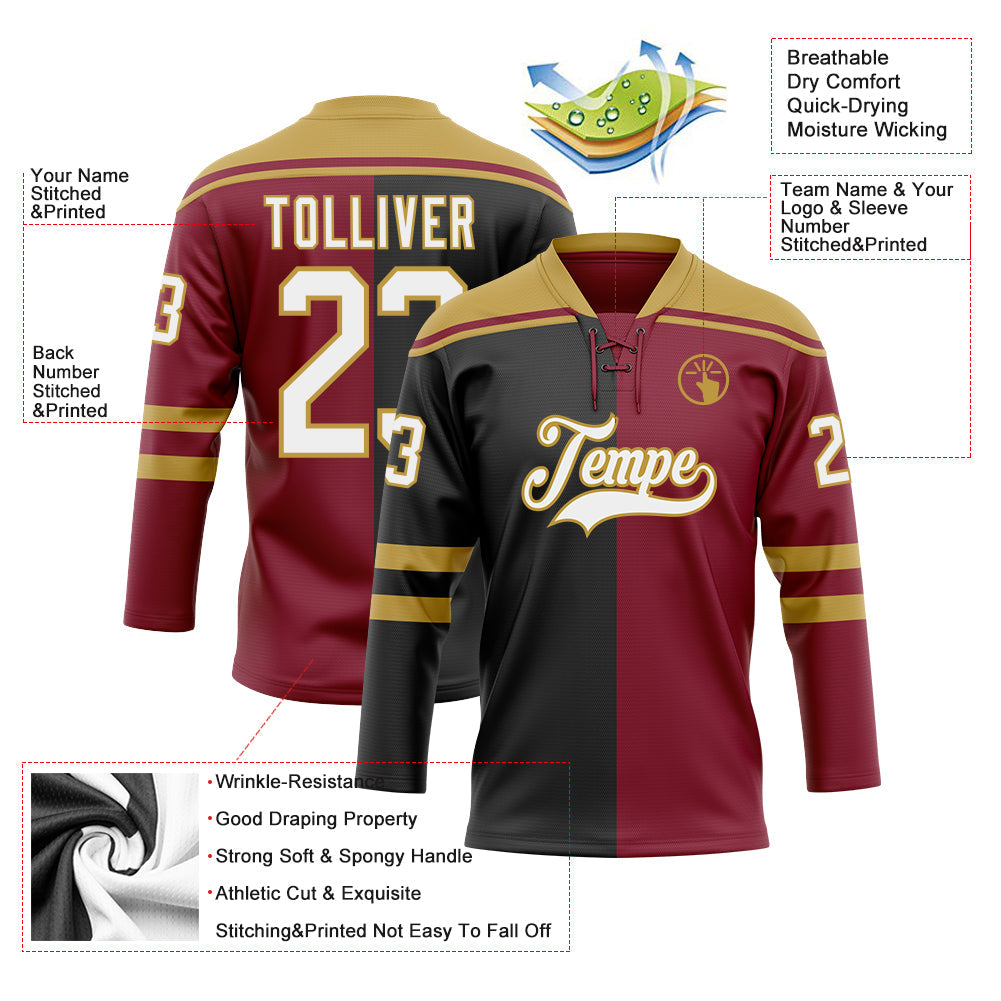 Custom Crimson White Black-Old Gold Split Fashion Hockey Lace Neck Jersey view 5