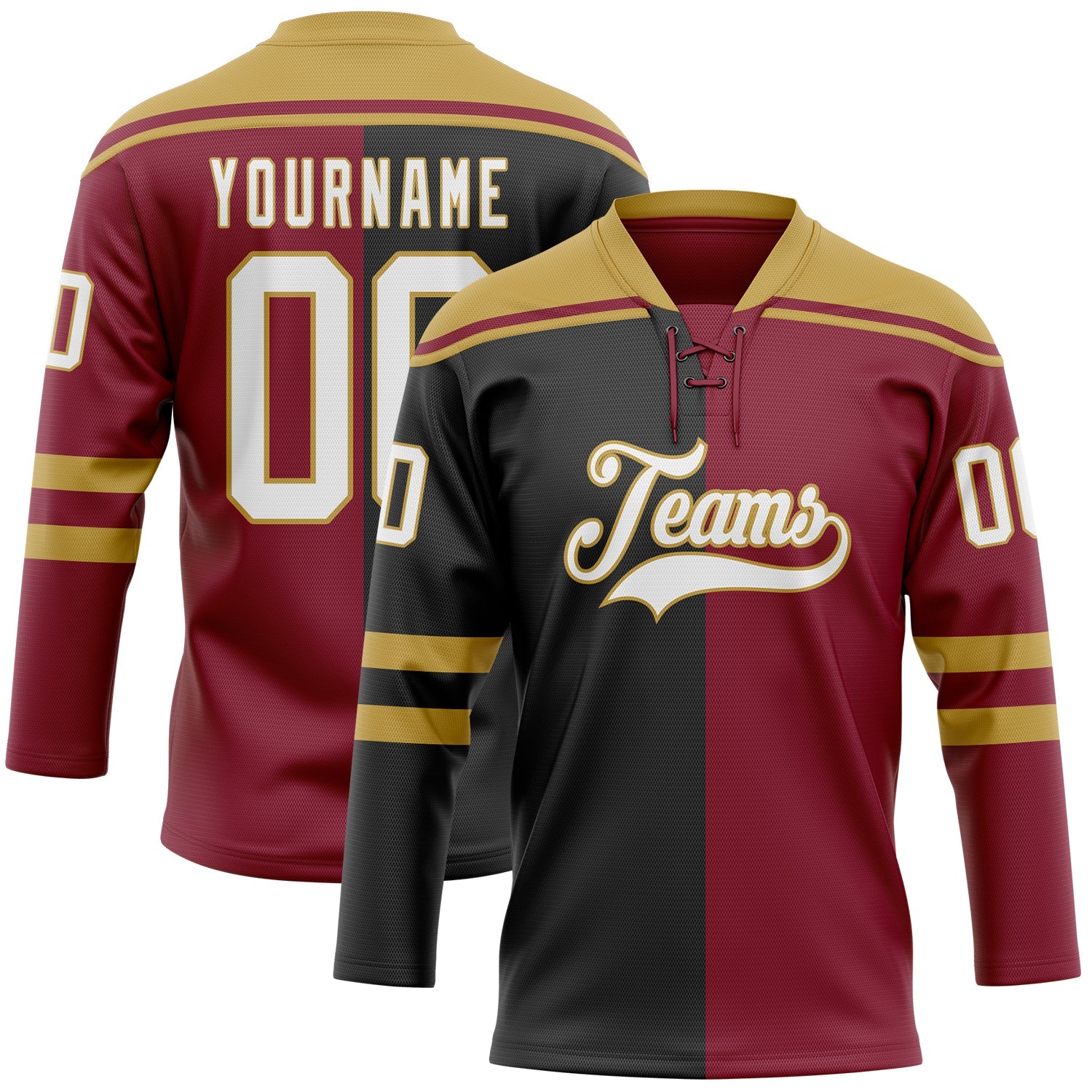 Custom Crimson White Black-Old Gold Split Fashion Hockey Lace Neck Jersey - Main View