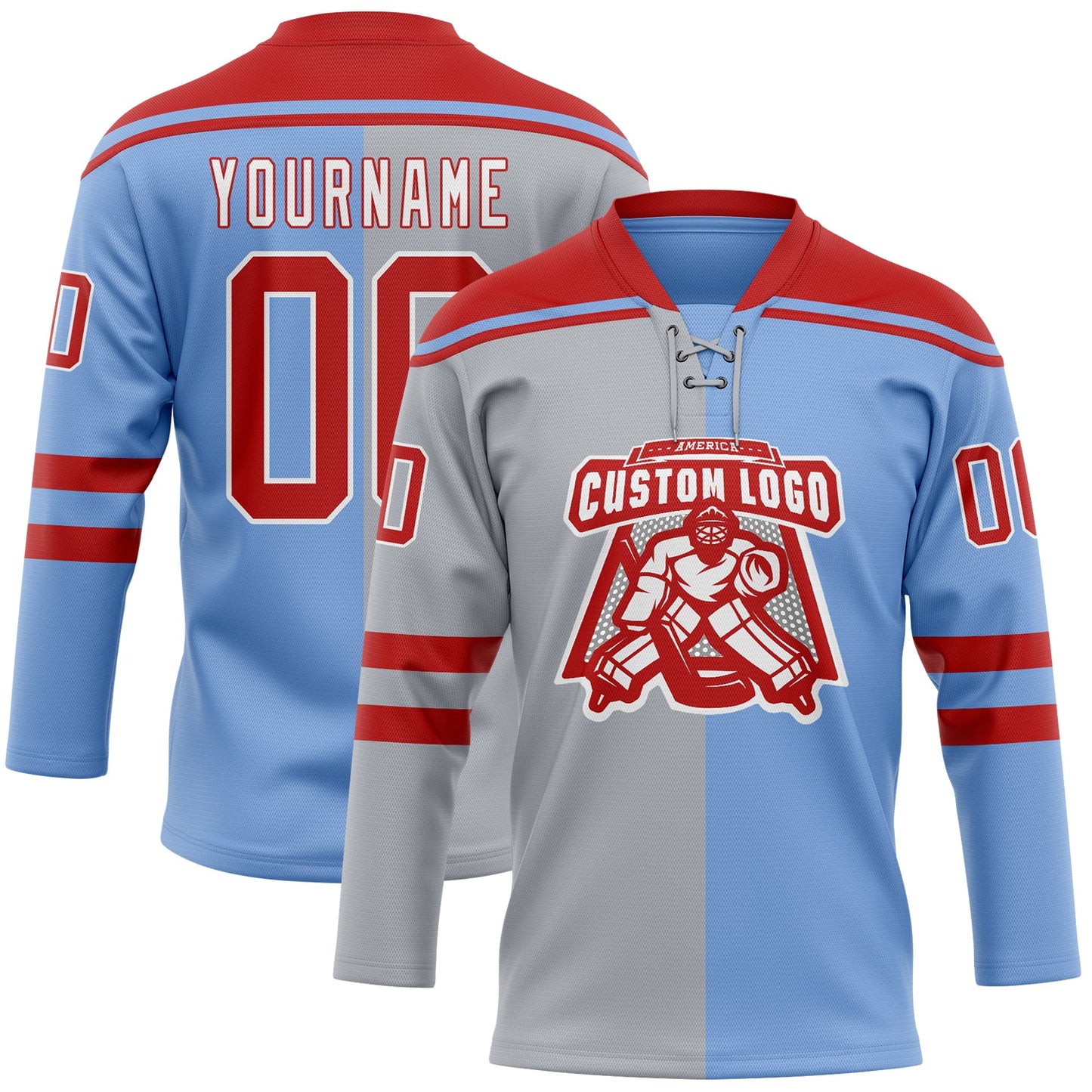 Custom Powder Blue Red Gray-White Split Fashion Hockey Lace Neck Jersey view 2