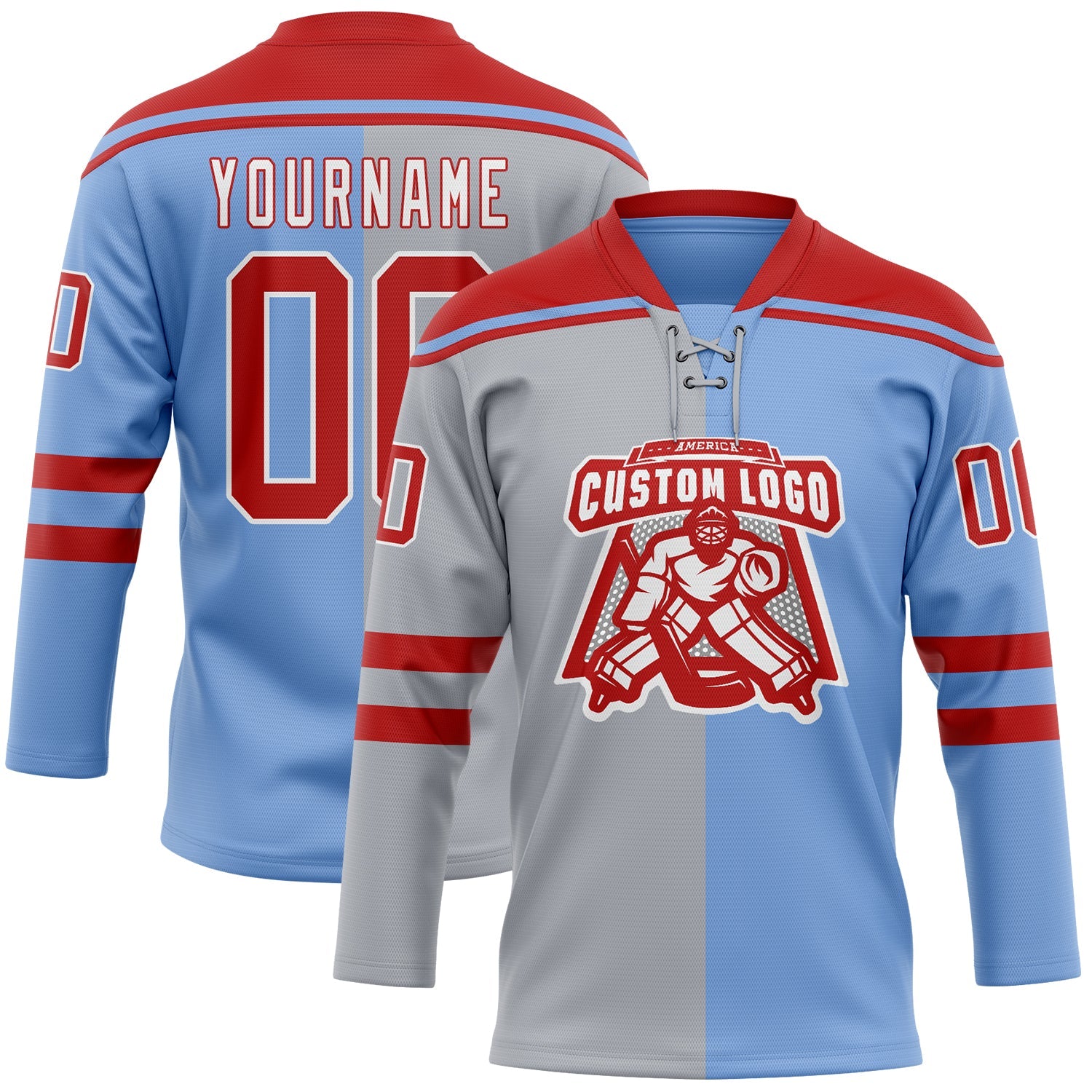 Custom Powder Blue Red Gray-White Split Fashion Hockey Lace Neck Jersey view 2