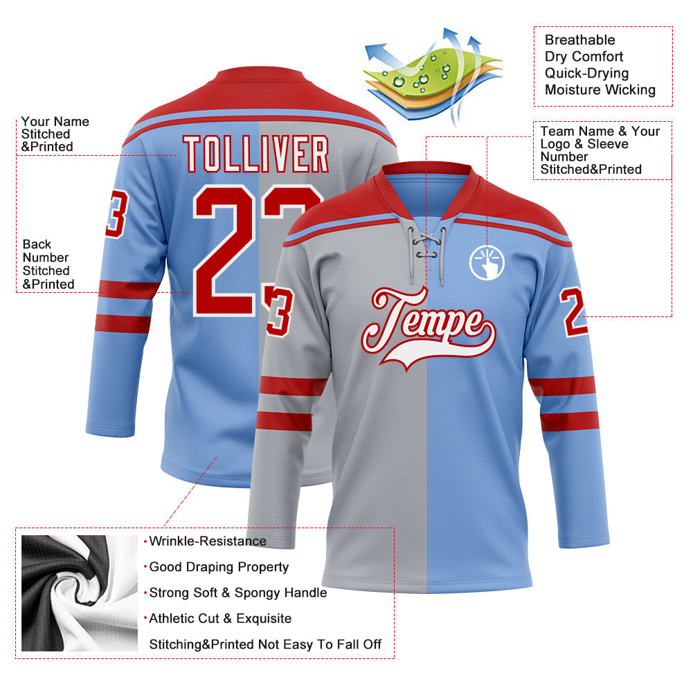 Custom Powder Blue Red Gray-White Split Fashion Hockey Lace Neck Jersey view 5