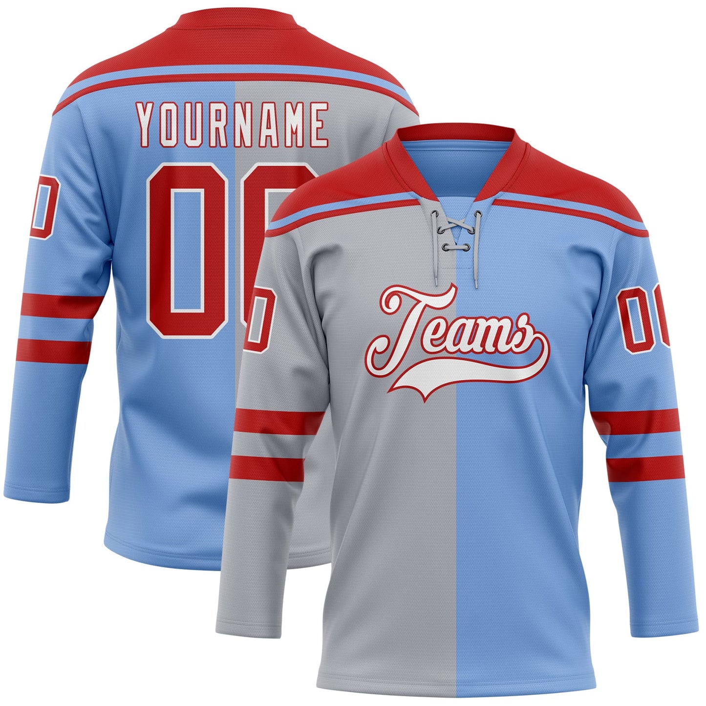 Custom Powder Blue Red Gray-White Split Fashion Hockey Lace Neck Jersey - Main View