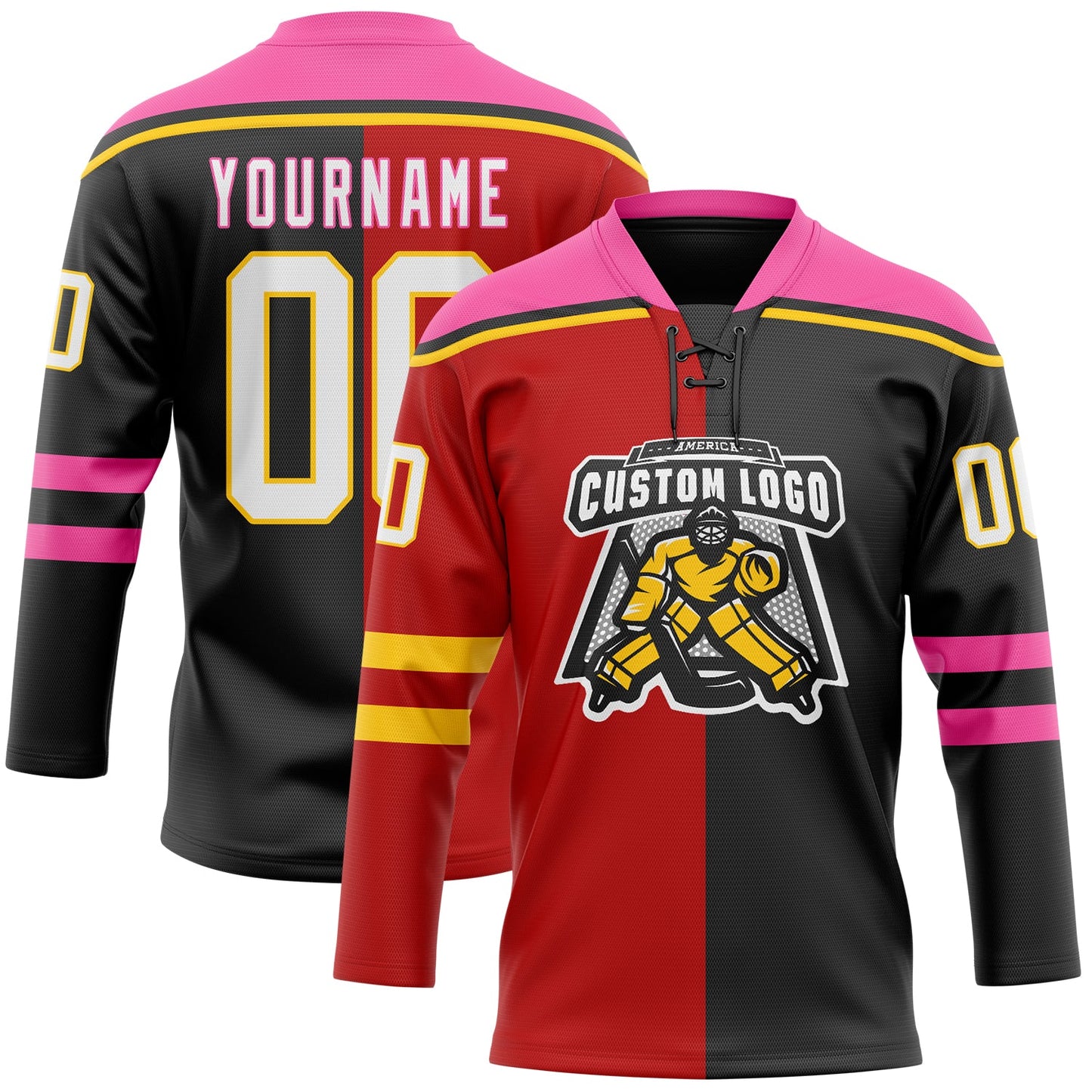 Custom Black White Red Pink-Yellow Split Fashion Hockey Lace Neck Jersey view 2