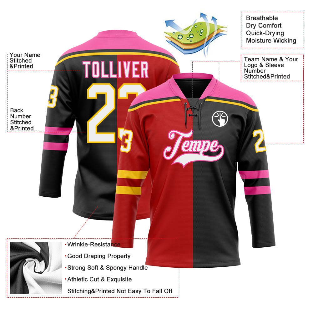 Custom Black White Red Pink-Yellow Split Fashion Hockey Lace Neck Jersey view 5