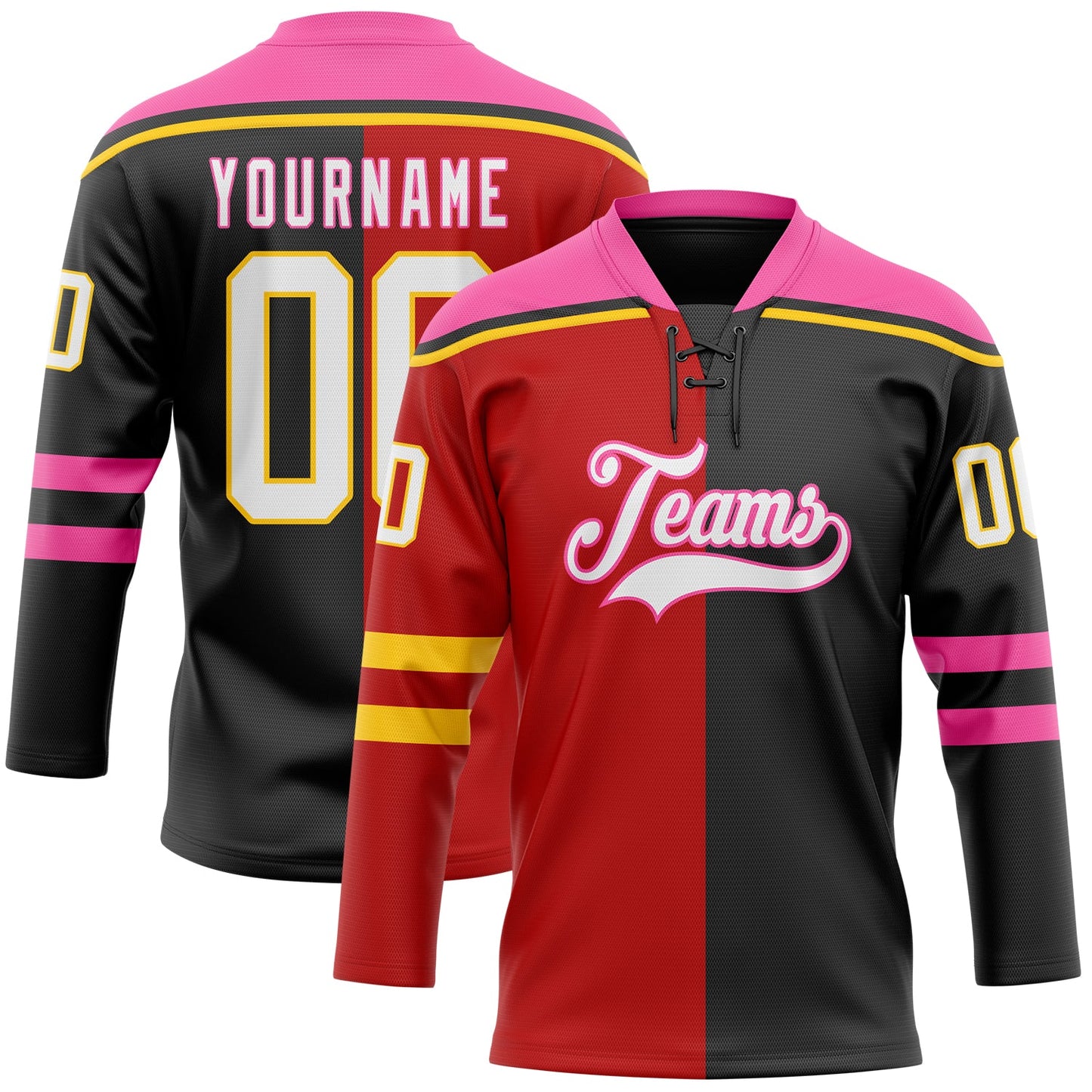 Custom Black White Red Pink-Yellow Split Fashion Hockey Lace Neck Jersey - Main View