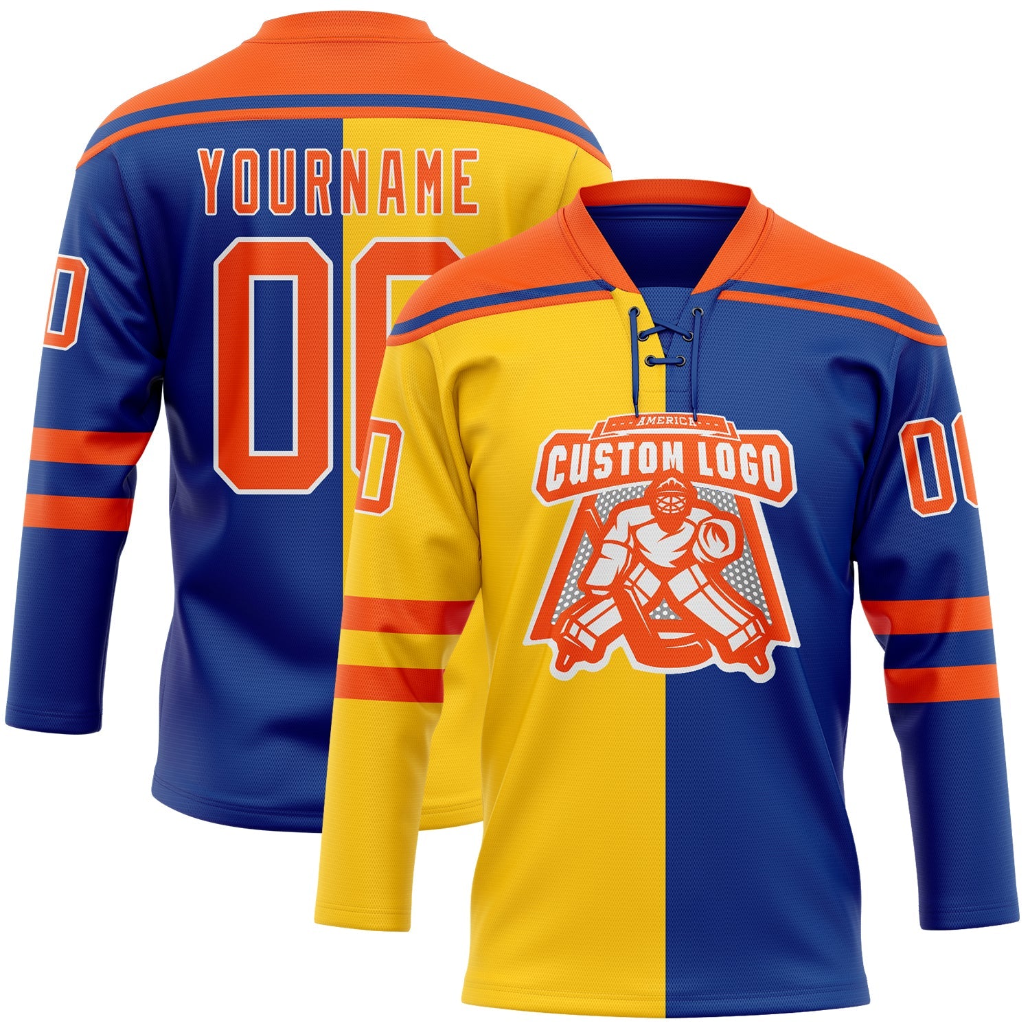 Custom Royal Orange Yellow-White Split Fashion Hockey Lace Neck Jersey view 2