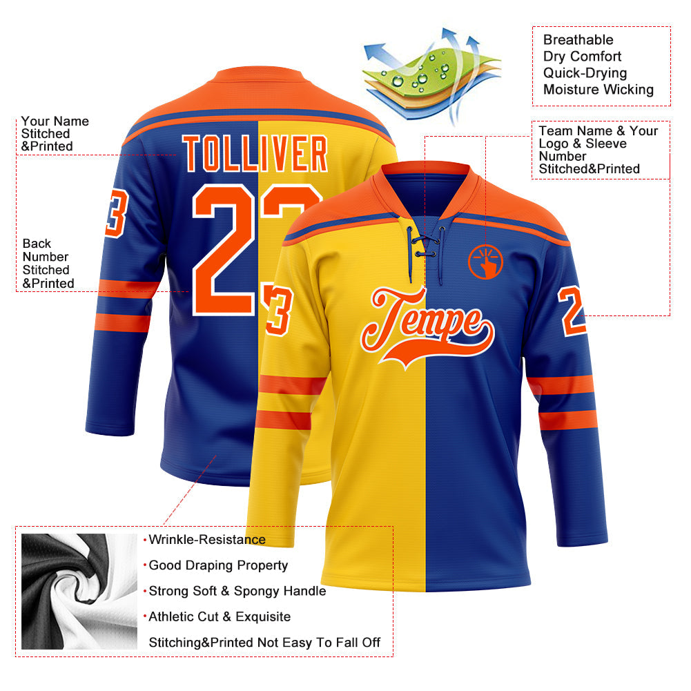 Custom Royal Orange Yellow-White Split Fashion Hockey Lace Neck Jersey view 5