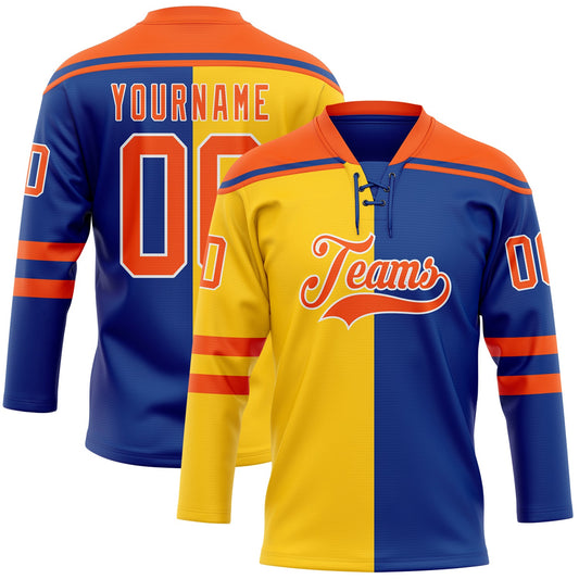 Custom Royal Orange Yellow-White Split Fashion Hockey Lace Neck Jersey - Main View