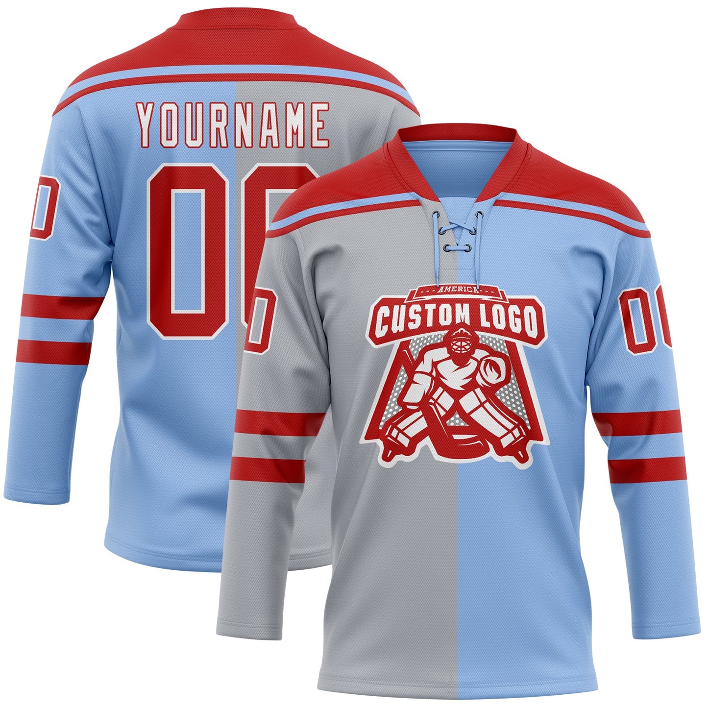 Custom Light Blue Red Gray-White Split Fashion Hockey Lace Neck Jersey view 2