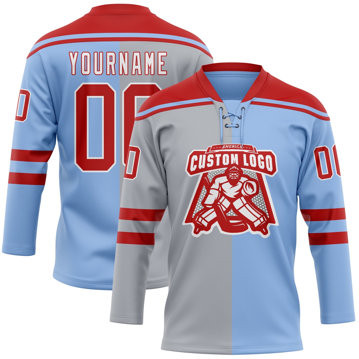 Custom Light Blue Red Gray-White Split Fashion Hockey Lace Neck Jersey view 2