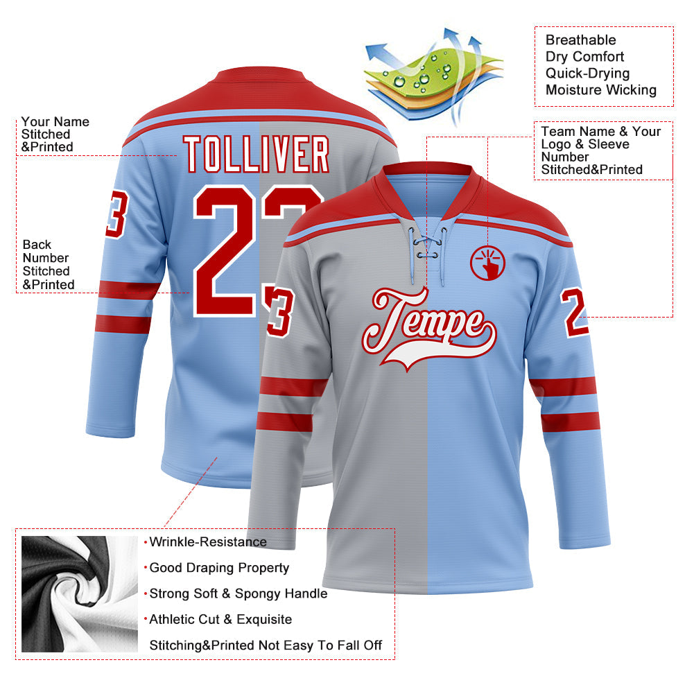 Custom Light Blue Red Gray-White Split Fashion Hockey Lace Neck Jersey view 5
