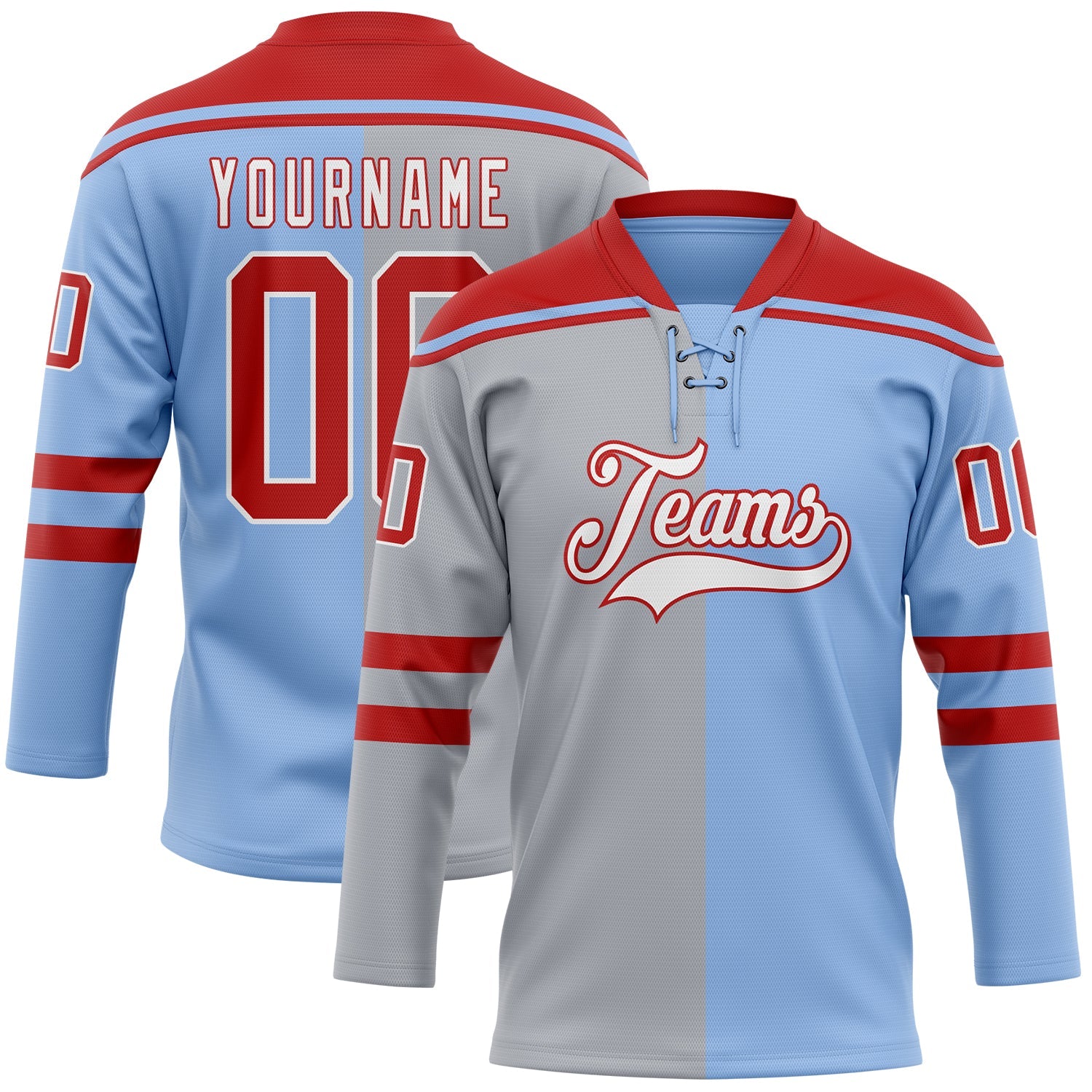 Custom Light Blue Red Gray-White Split Fashion Hockey Lace Neck Jersey - Main View