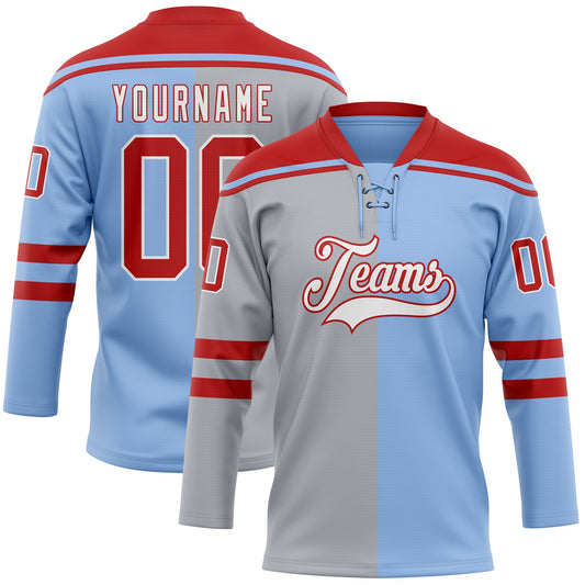 Custom Light Blue Red Gray-White Split Fashion Hockey Lace Neck Jersey - Main View
