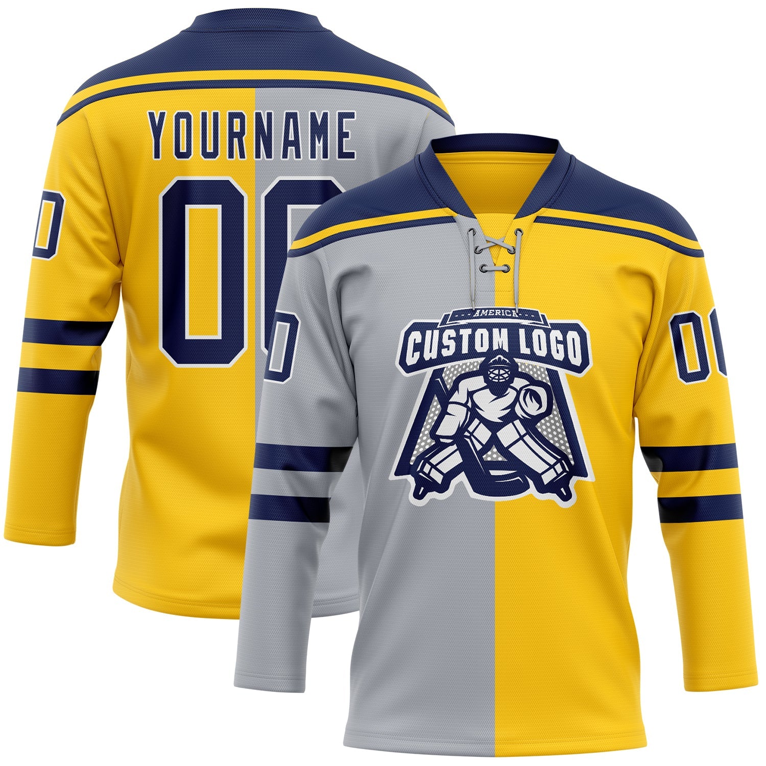 Custom Yellow Navy Gray-White Split Fashion Hockey Lace Neck Jersey view 2