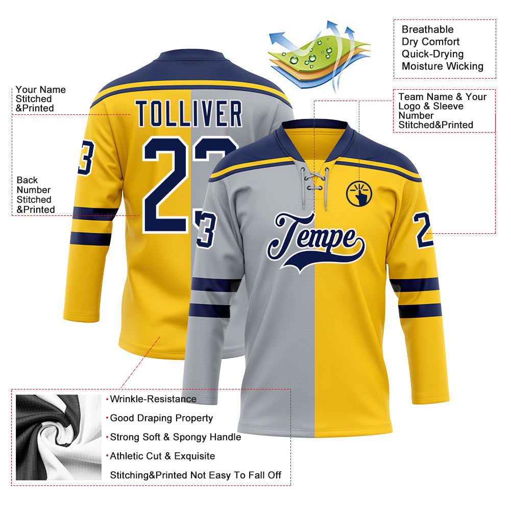 Custom Yellow Navy Gray-White Split Fashion Hockey Lace Neck Jersey view 5