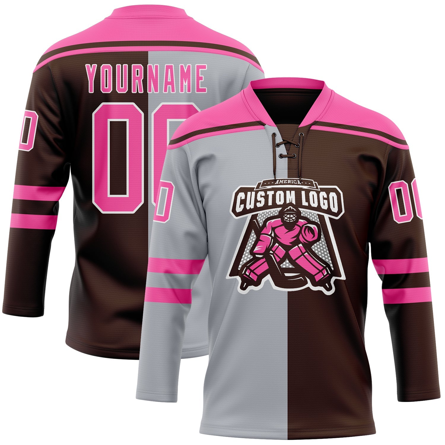 Custom Brown Pink Gray-White Split Fashion Hockey Lace Neck Jersey view 2