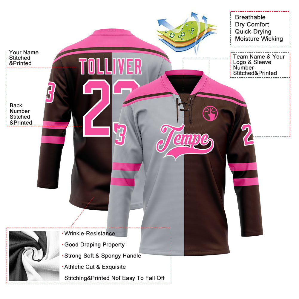 Custom Brown Pink Gray-White Split Fashion Hockey Lace Neck Jersey view 5
