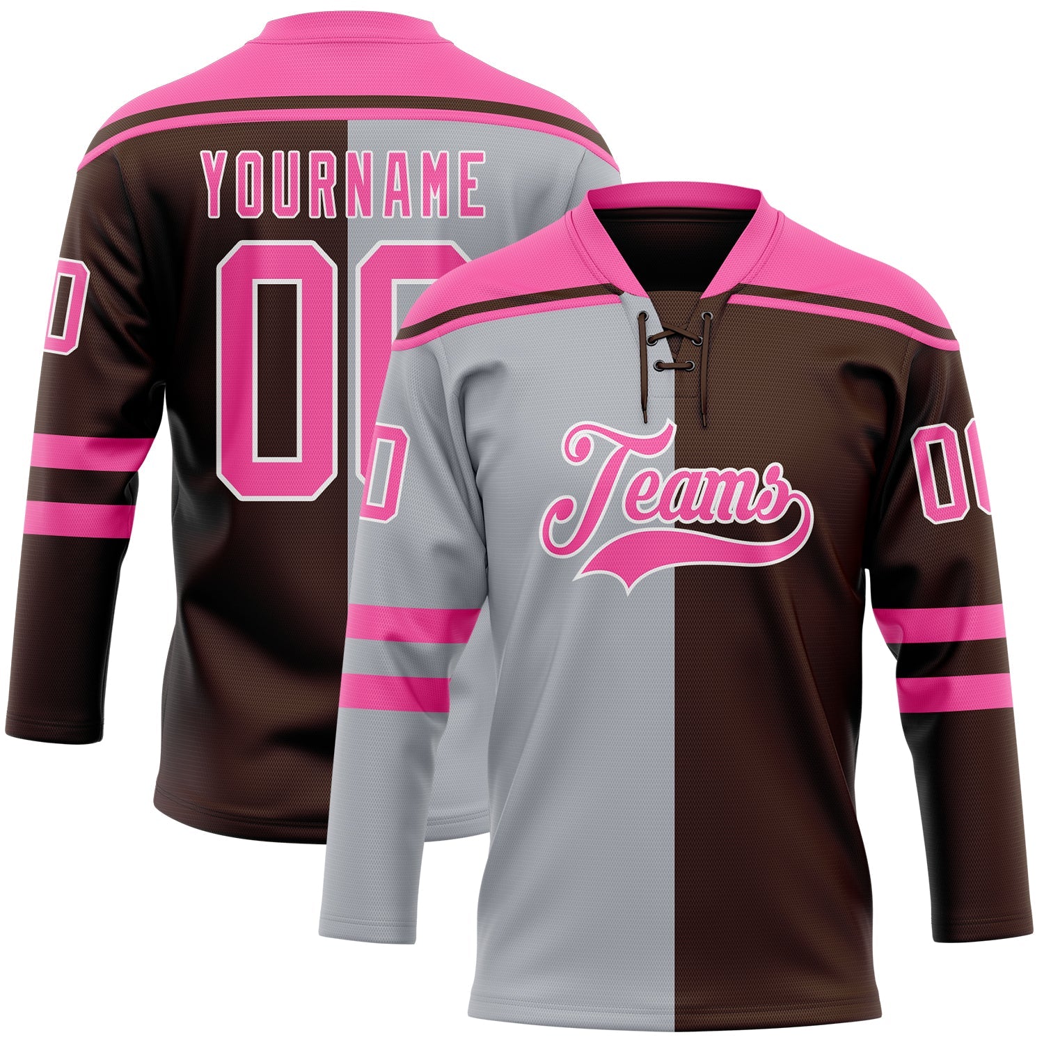 Custom Brown Pink Gray-White Split Fashion Hockey Lace Neck Jersey - Main View