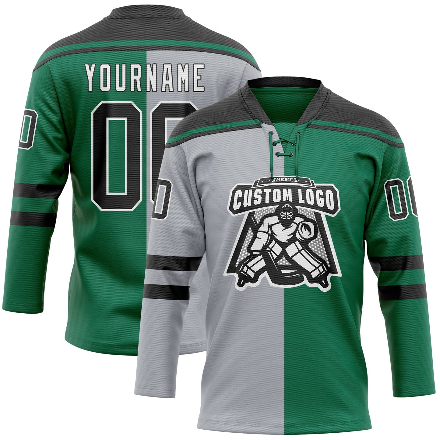 Custom Kelly Green Black Gray-White Split Fashion Hockey Lace Neck Jersey view 2