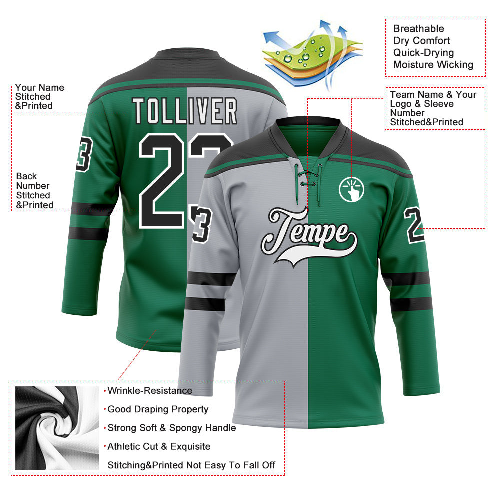 Custom Kelly Green Black Gray-White Split Fashion Hockey Lace Neck Jersey view 5