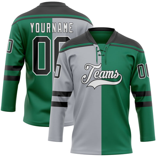 Custom Kelly Green Black Gray-White Split Fashion Hockey Lace Neck Jersey - Main View
