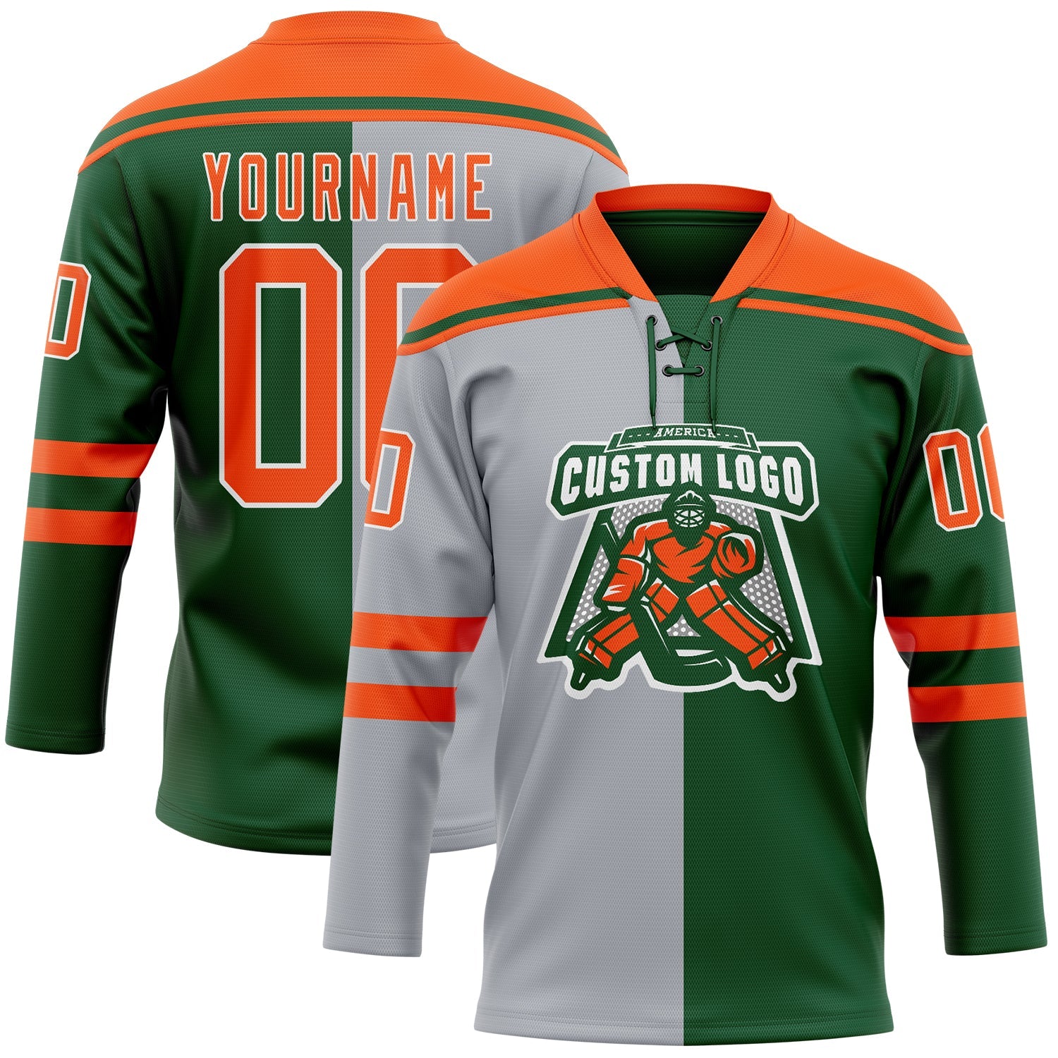 Custom Green Orange Gray-White Split Fashion Hockey Lace Neck Jersey view 2