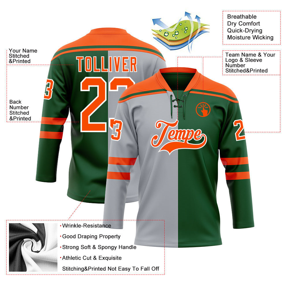 Custom Green Orange Gray-White Split Fashion Hockey Lace Neck Jersey view 5
