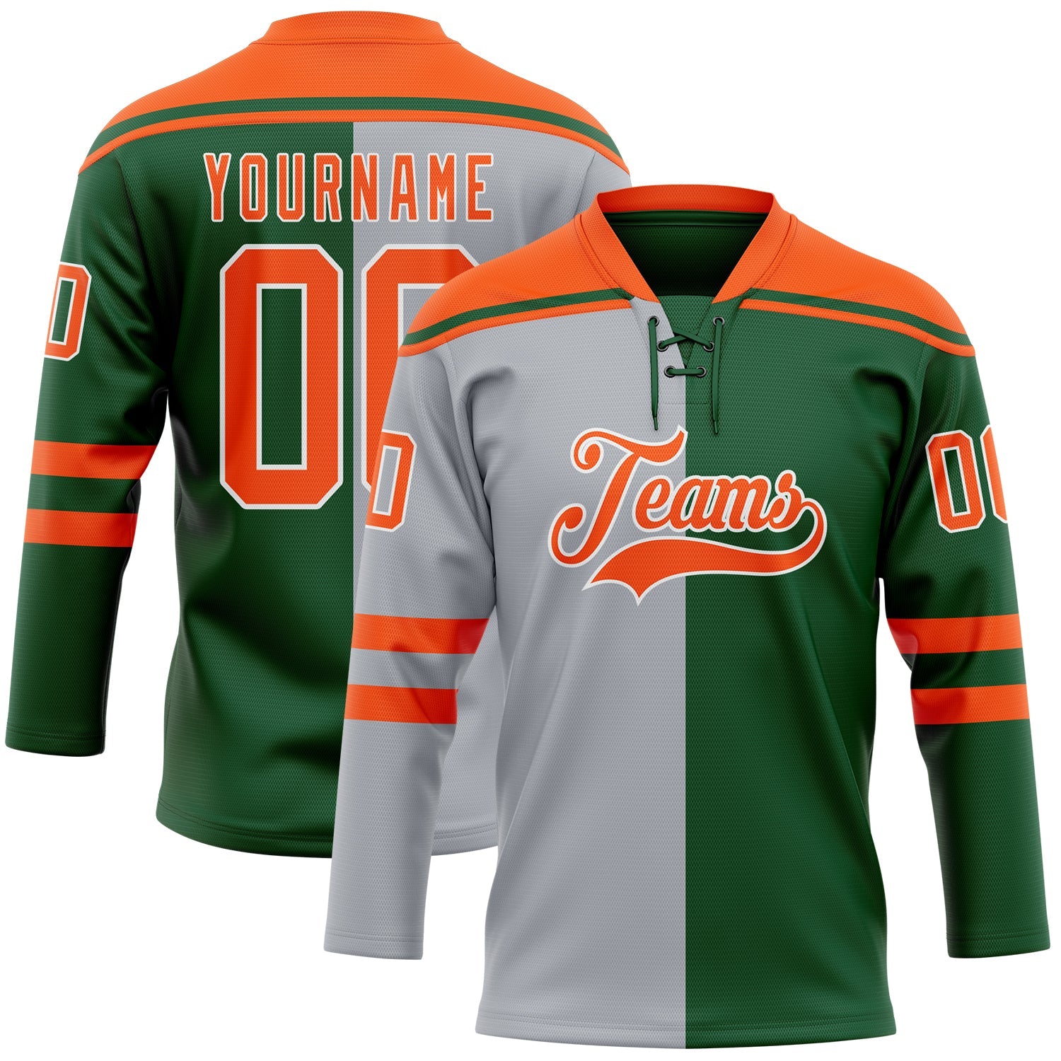 Custom Green Orange Gray-White Split Fashion Hockey Lace Neck Jersey - Main View