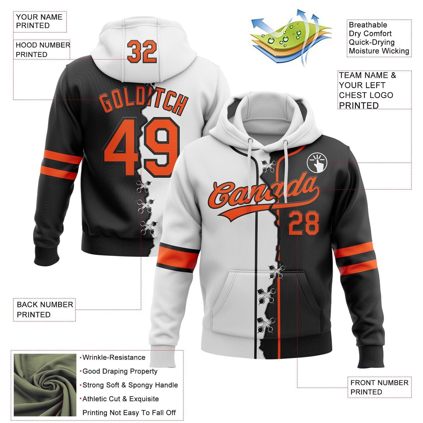 Custom Black Orange-White Split Ripped Pattern Baseball Pullover Sweatshirt Hoodie view 2