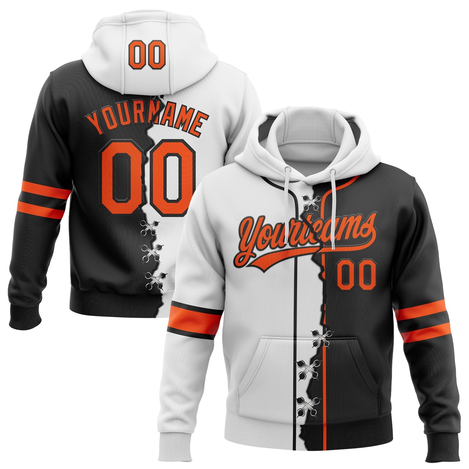 Custom Black Orange-White Split Ripped Pattern Baseball Pullover Sweatshirt Hoodie - Main View