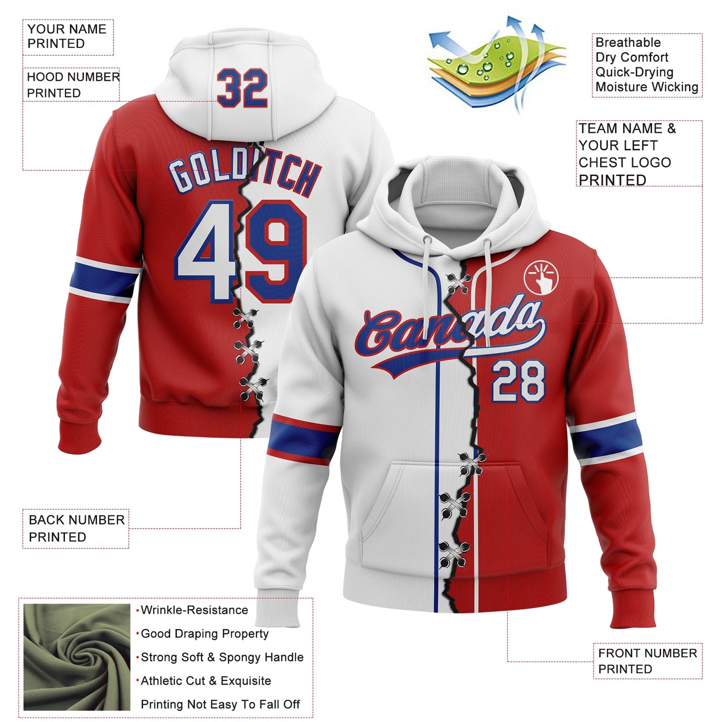 Custom Red White-Royal Split Ripped Pattern Baseball Pullover Sweatshirt Hoodie view 2