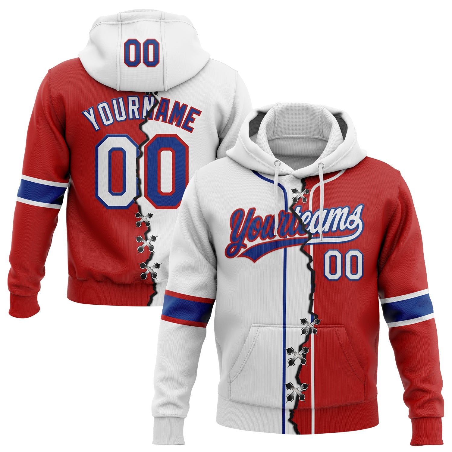 Custom Red White-Royal Split Ripped Pattern Baseball Pullover Sweatshirt Hoodie - Main View