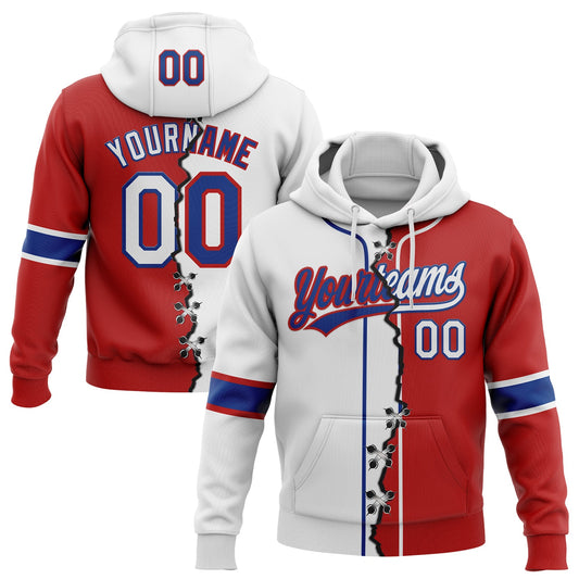 Custom Red White-Royal Split Ripped Pattern Baseball Pullover Sweatshirt Hoodie - Main View