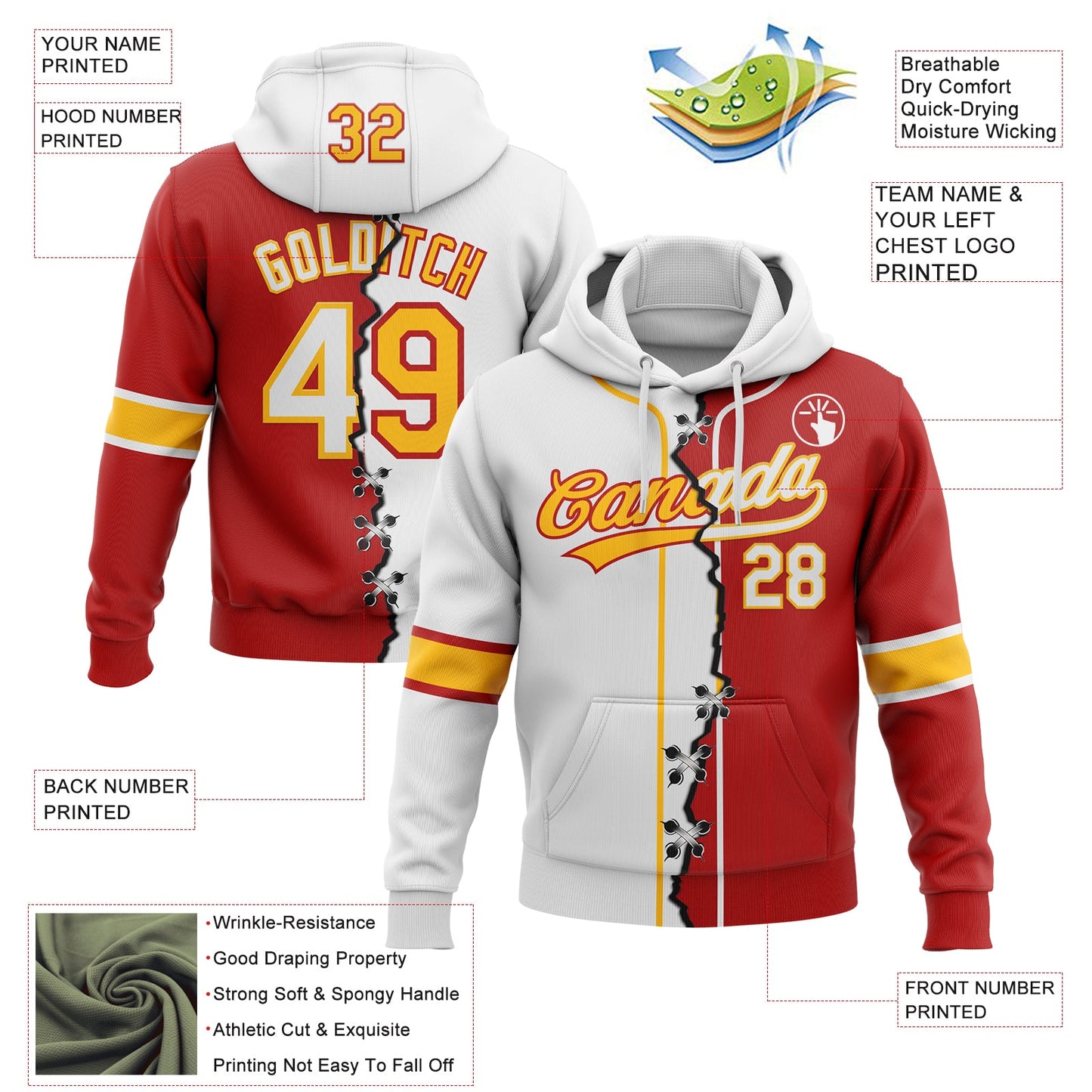 Custom Red White-Gold Split Ripped Pattern Baseball Pullover Sweatshirt Hoodie view 2