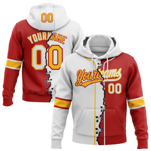 Custom Red White-Gold Split Ripped Pattern Baseball Pullover Sweatshirt Hoodie - Main View
