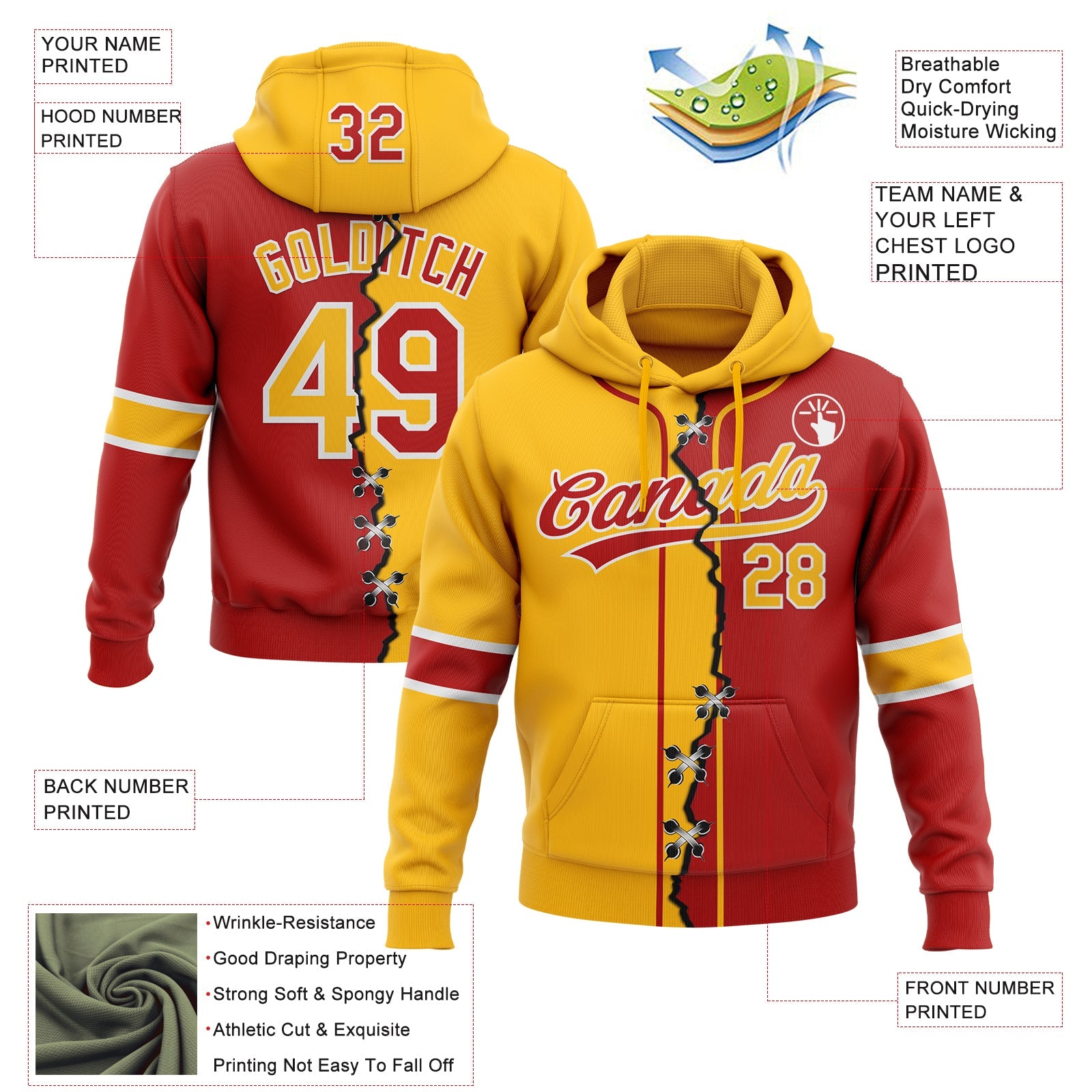 Custom Red Gold-White Split Ripped Pattern Baseball Pullover Sweatshirt Hoodie view 2