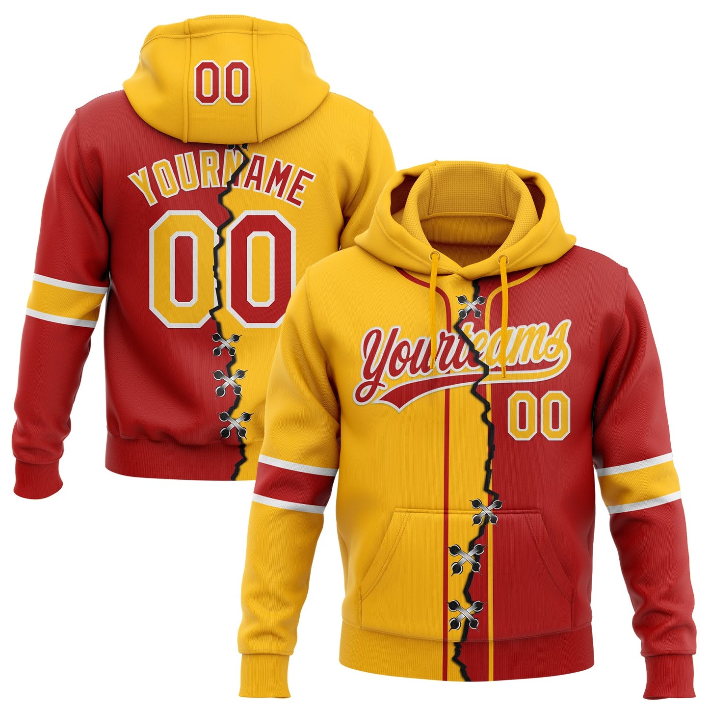 Custom Red Gold-White Split Ripped Pattern Baseball Pullover Sweatshirt Hoodie - Main View