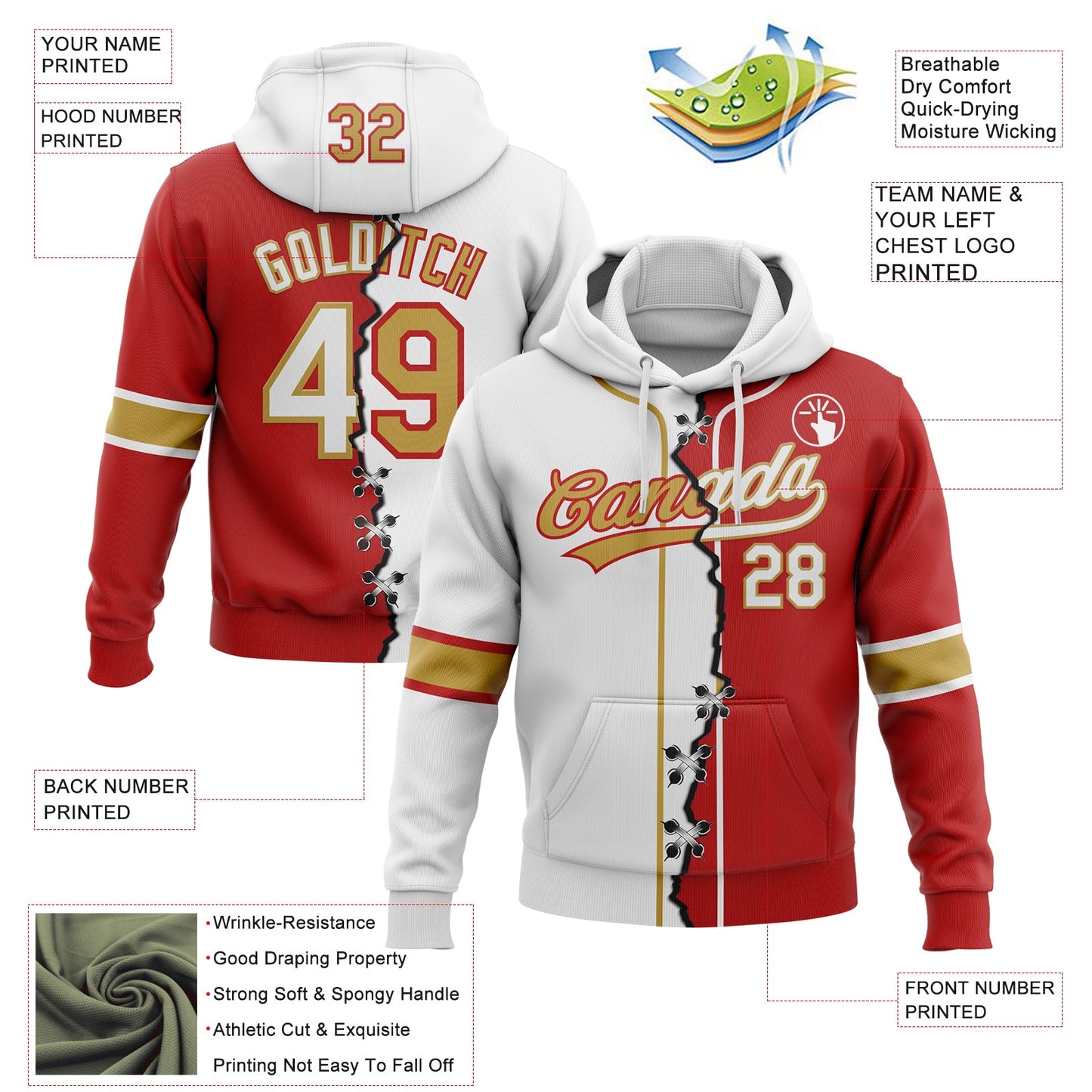 Custom Red White-Old Gold Split Ripped Pattern Baseball Pullover Sweatshirt Hoodie view 2