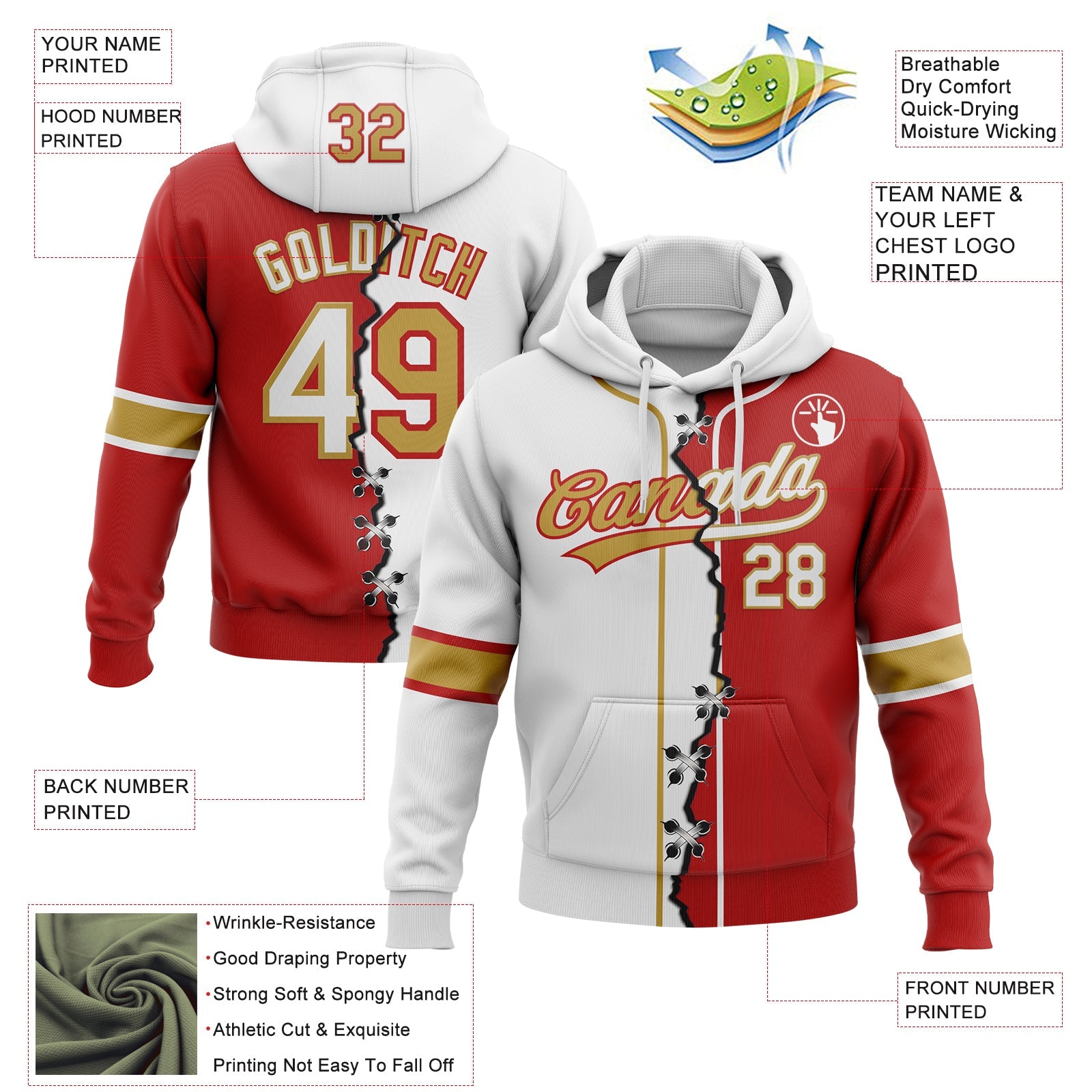 Custom Red White-Old Gold Split Ripped Pattern Baseball Pullover Sweatshirt Hoodie view 2