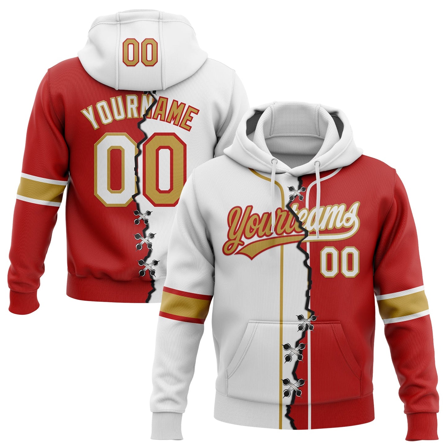 Custom Red White-Old Gold Split Ripped Pattern Baseball Pullover Sweatshirt Hoodie - Main View