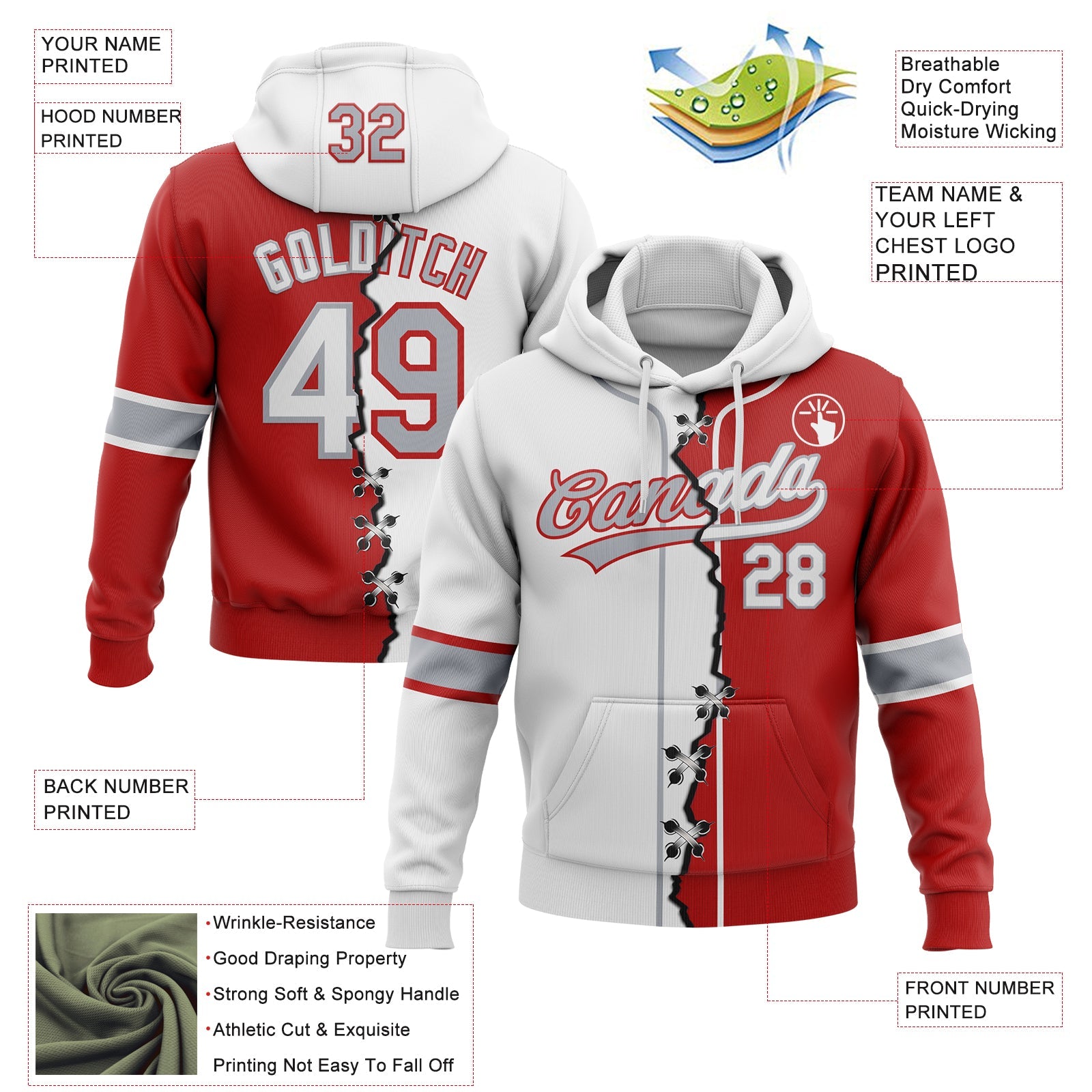 Custom Red White-Gray Split Ripped Pattern Baseball Pullover Sweatshirt Hoodie view 2
