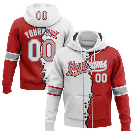 Custom Red White-Gray Split Ripped Pattern Baseball Pullover Sweatshirt Hoodie - Main View