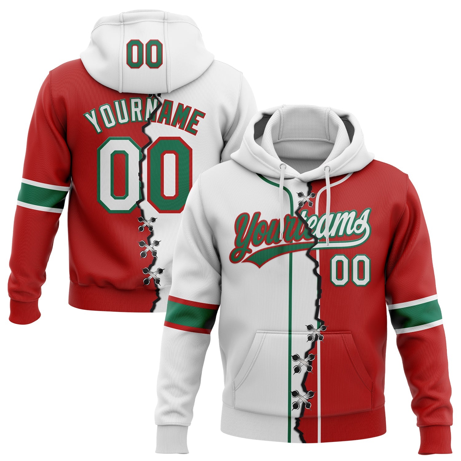 Custom Red White-Kelly Green Split Ripped Pattern Baseball Pullover Sweatshirt Hoodie - Main View