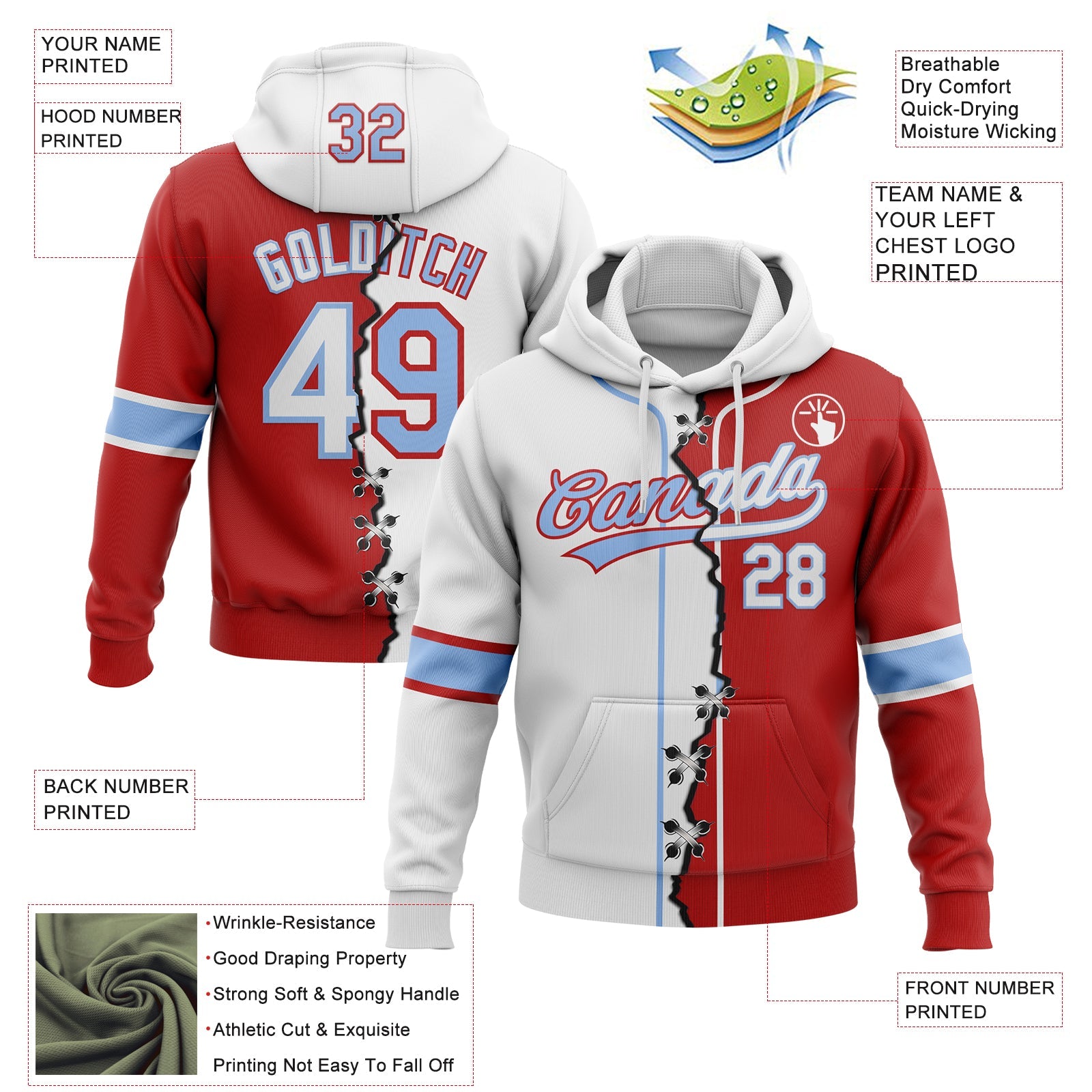 Custom Red White-Light Blue Split Ripped Pattern Baseball Pullover Sweatshirt Hoodie view 2