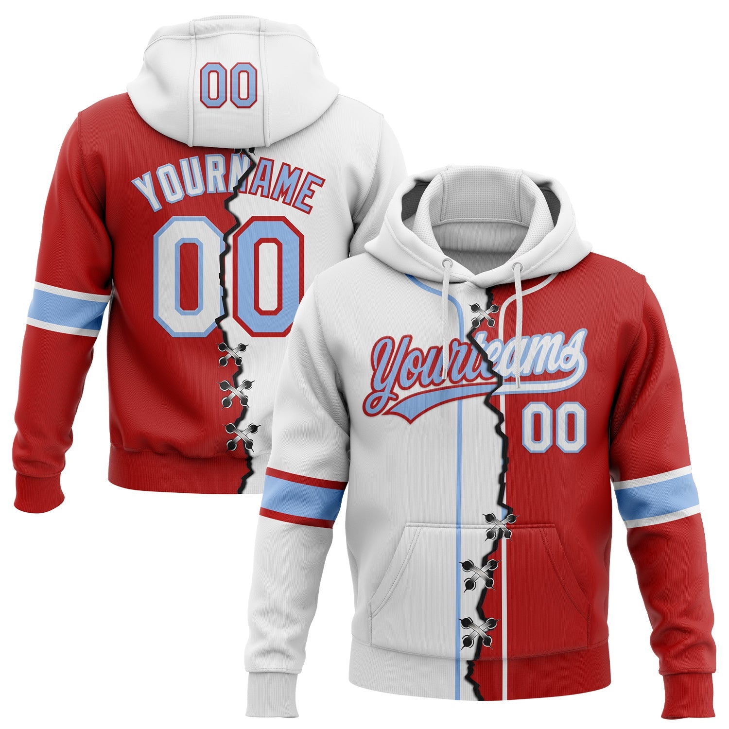 Custom Red White-Light Blue Split Ripped Pattern Baseball Pullover Sweatshirt Hoodie - Main View