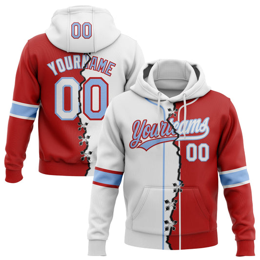 Custom Red White-Light Blue Split Ripped Pattern Baseball Pullover Sweatshirt Hoodie - Main View