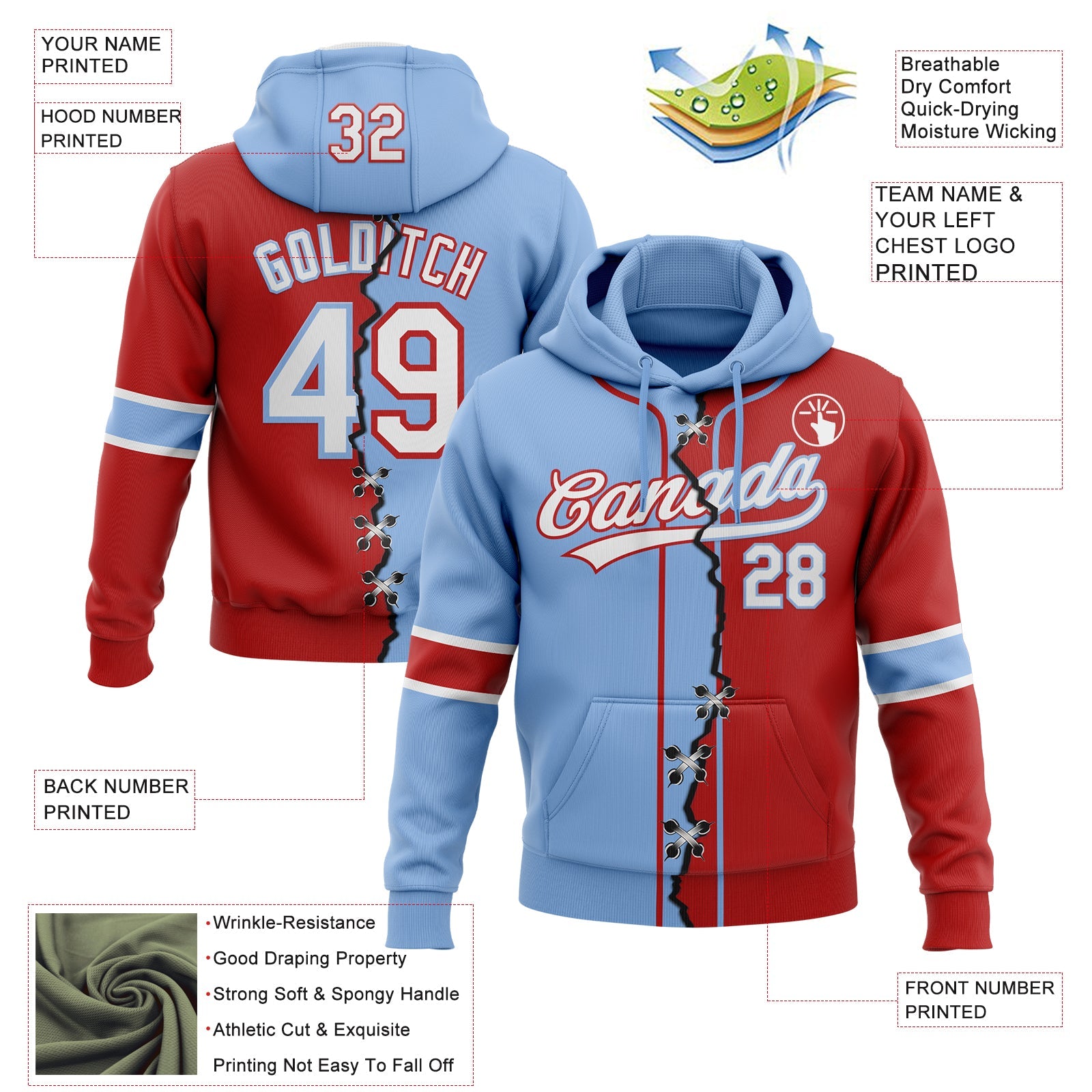 Custom Red White-Light Blue Split Ripped Pattern Baseball Pullover Sweatshirt Hoodie view 2