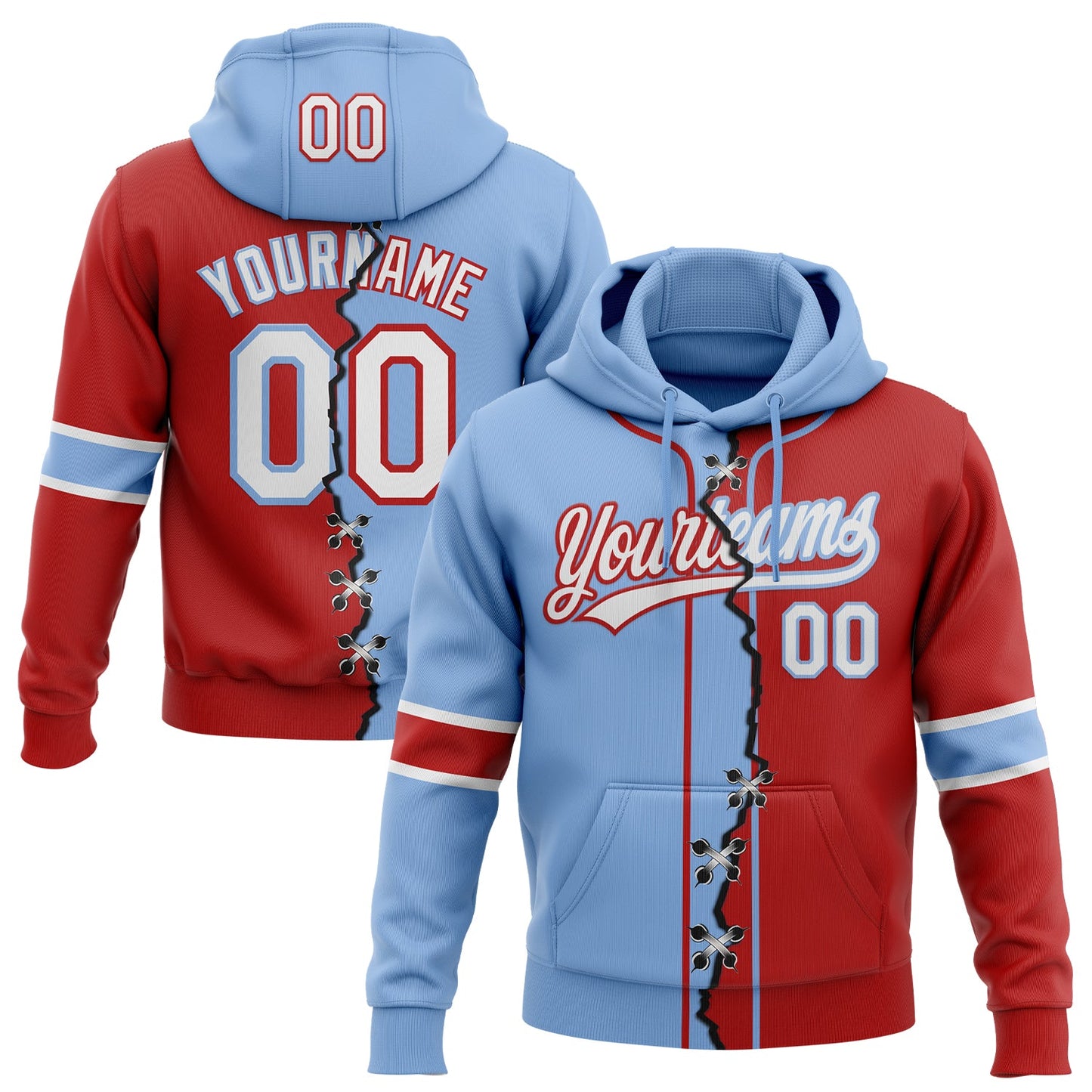 Custom Red White-Light Blue Split Ripped Pattern Baseball Pullover Sweatshirt Hoodie - Main View