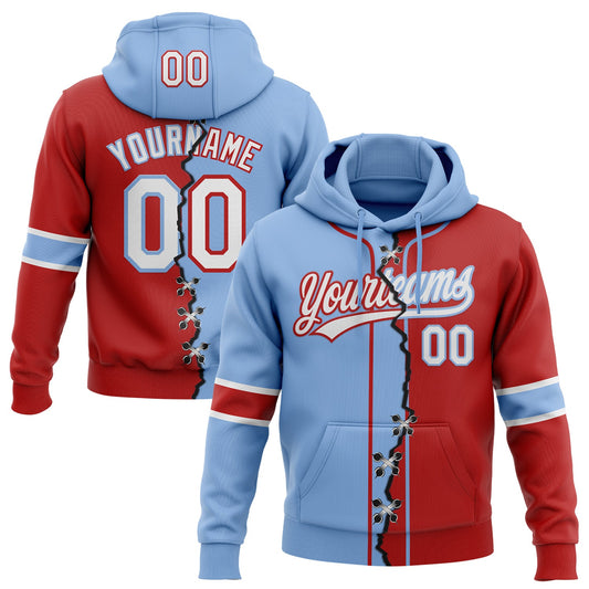 Custom Red White-Light Blue Split Ripped Pattern Baseball Pullover Sweatshirt Hoodie - Main View